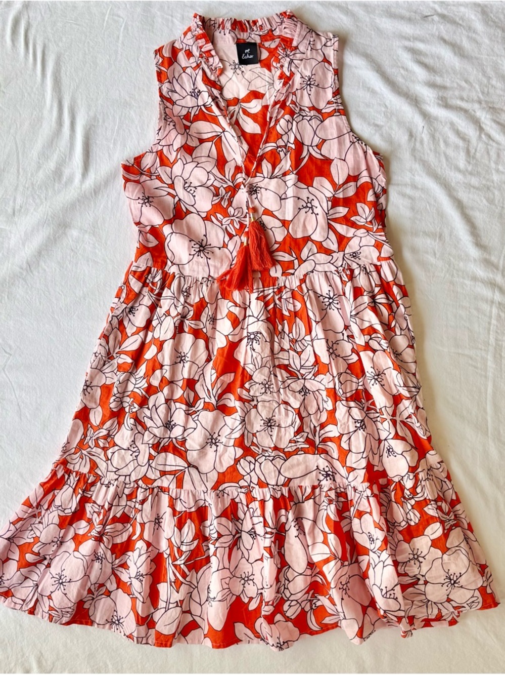 Echo Poppy Red Floral Cotton Tiered Boho Mini Dress Small Tassel Tie Vacation